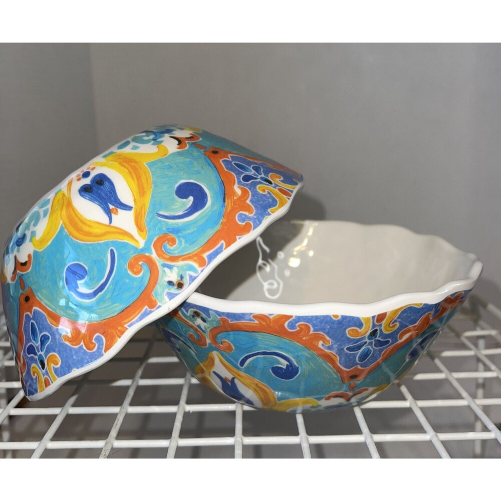 222 FIFTH Melamine Spanish Floral Medallion 6.5"Pasta Cereal Salad 2 Bowls